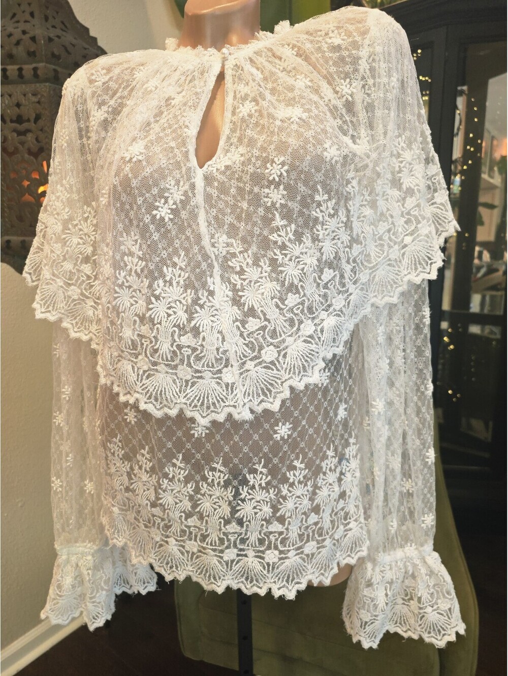 Anthropologie Forever That Girl Lace Bib Boho Festival White Sheer Capelet Large